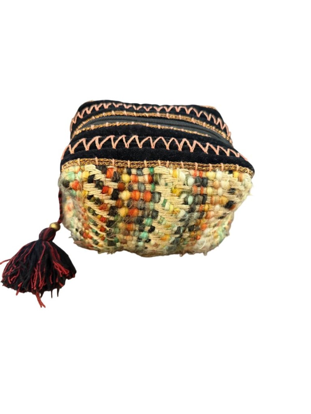 Lovestitch Boho Woven Tassel Cosmetic Bag Black Velvet Metallic Trim Pouch